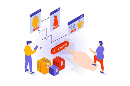Illustration for Online shopping concept in 3d isometric design. People choosing new clothes at store assortment webpage, ordering and getting gifts from shop. Vector illustration with isometry scene for web graphic - Royalty Free Image
