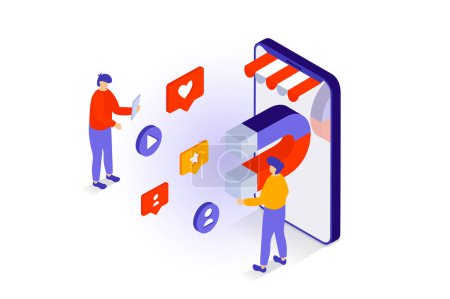 Illustration for Social media concept in 3d isometric design. People networking, likes video content, manages online profiles, sharing posts, attracting to blog. Vector illustration with isometry scene for web graphic - Royalty Free Image