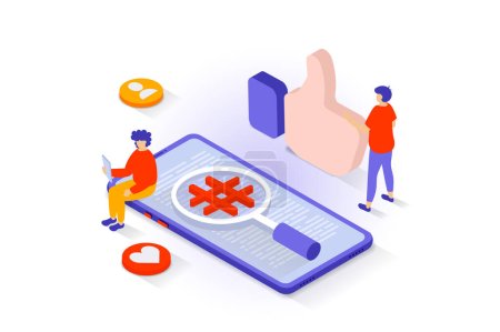 Illustration for Social media concept in 3d isometric design. People networking and connecting online, leaving feedback and likes, searching hashtag posts. Vector illustration with isometry scene for web graphic - Royalty Free Image