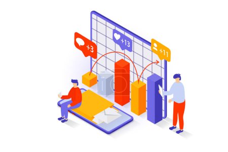 Illustration for Social media concept in 3d isometric design. People analyzing blog statistics with new followers, comments, likes, chats and receive emails. Vector illustration with isometry scene for web graphic - Royalty Free Image