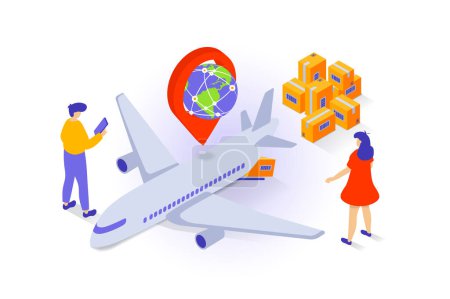 Illustration for Transportation and logistics concept in 3d isometric design. People use global delivery company service for air shipping and airplane freight. Vector illustration with isometry scene for web graphic - Royalty Free Image