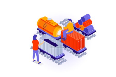 Illustration for Transportation and logistics concept in 3d isometric design. People use delivery service by freight railway delivering with cargo trains. Vector illustration with isometry scene for web graphic - Royalty Free Image