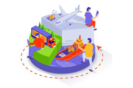 Illustration for Transportation and logistics concept in 3d isometric design. People work at delivery company with truck and air freight, marine distribution. Vector illustration with isometry scene for web graphic - Royalty Free Image