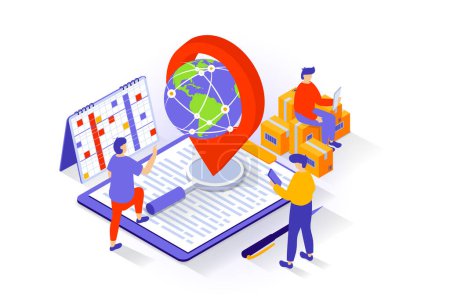 Illustration for Transportation and logistics concept in 3d isometric design. People delivering cardboard packages and parcels using global delivery service. Vector illustration with isometry scene for web graphic - Royalty Free Image