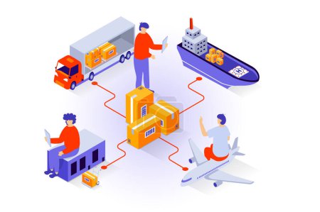 Illustration for Transportation and logistics concept in 3d isometric design. People working in global delivery company with developed shipping infrastructure. Vector illustration with isometry scene for web graphic - Royalty Free Image
