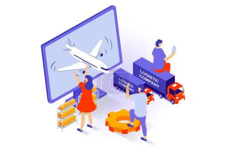 Illustration for Transportation and logistics concept in 3d isometric design. People work in delivery company with commercial shipping by airplane and trucks. Vector illustration with isometry scene for web graphic - Royalty Free Image