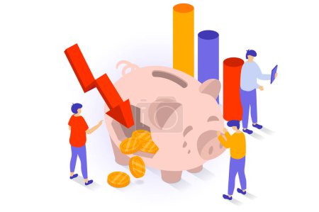 Illustration for Unemployment and crisis concept in 3d isometric design. People have financial problems and money recession, break piggy bank and lose savings. Vector illustration with isometry scene for web graphic - Royalty Free Image