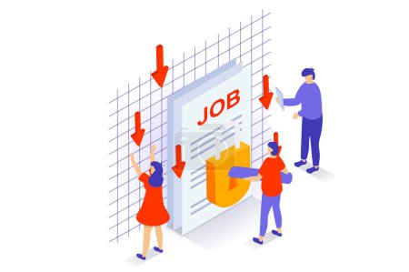Illustration for Unemployment and crisis concept in 3d isometric design. People losing jobs and have financial problems and bankruptcy, job market is locked. Vector illustration with isometry scene for web graphic - Royalty Free Image