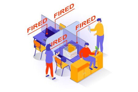Illustration for Unemployment and crisis concept in 3d isometric design. People lose jobs, get fired notices from office, get careers crash and frustration. Vector illustration with isometry scene for web graphic - Royalty Free Image