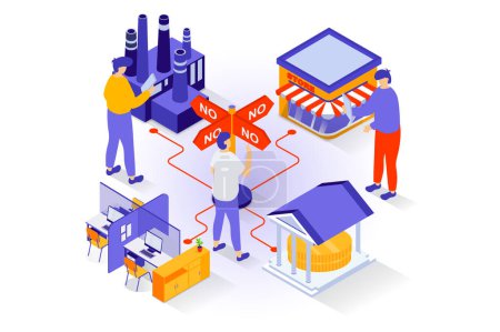 Illustration for Unemployment and crisis concept in 3d isometric design. People close offices, factories and shops, have debts on financial loans to banks. Vector illustration with isometry scene for web graphic - Royalty Free Image