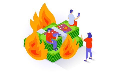 Illustration for Unemployment and crisis concept in 3d isometric design. People have financial recession and losses money in economy crisis, break credit cards. Vector illustration with isometry scene for web graphic - Royalty Free Image