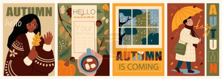 Illustration for Hello Autumn cover brochure set in trendy flat design. Poster templates with woman in sweater holds fall forest leaves, hot cocoa, raining windows view, man with umbrella wolks. Vector illustration. - Royalty Free Image