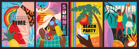 Illustration for Summer time cover brochure set in trendy flat design. Poster templates with happy relax people at beach party, eat ice cream and watermelon and fresh fruits, play volleyball. Vector illustration. - Royalty Free Image