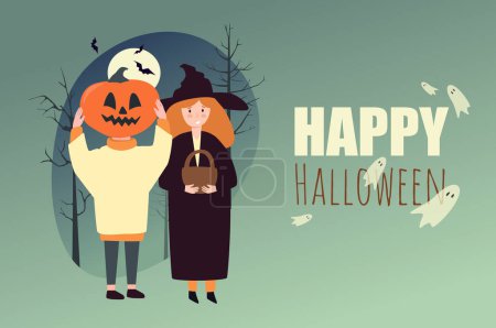 Illustration for Halloween party poster template in flat design. Banner invitation layout to night horror festival with happy children in cute costumes of witch and pumpkin, spooky decorations. Vector illustration. - Royalty Free Image