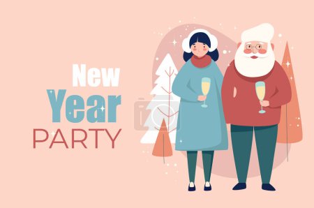 Illustration for Winter holiday poster template in flat design. Banner layout to New Year and Christmas with happy old couple drinking champagne and celebrating event in snowy forest together. Vector illustration. - Royalty Free Image