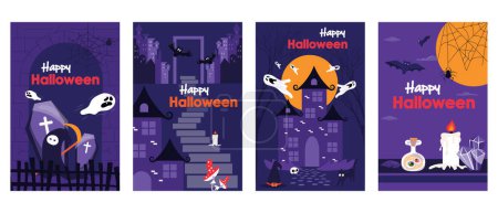 Illustration for Halloween holiday cover brochure set in trendy flat design. Poster templates with spooky death character, flying ghosts, old castle and house with moon, creepy potion and candles. Vector illustration. - Royalty Free Image