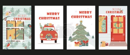 Illustration for Christmas holiday cover brochure set in trendy flat design. Poster templates with festive fir tree with toys in snowy window, birds on branches, door and car with decor and gifts. Vector illustration. - Royalty Free Image