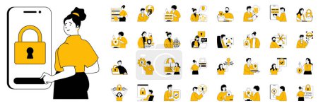 Illustration for Cyber security concept with character situations mega set. Bundle of scenes people protect personal data, password access, financial account secure and other. Vector illustrations in flat web design - Royalty Free Image