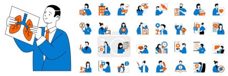 Illustration for Medical service concept with character situations mega set. Bundle of scenes people visit hospital or clinic, patients get online doctor consultation and other. Vector illustrations in flat web design - Royalty Free Image
