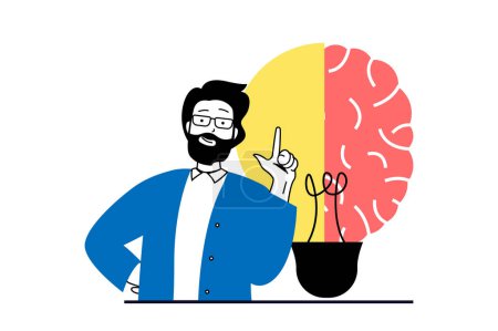 Illustration for Brainstorming concept with people scene in flat web design. Man thinks and gets inspiration for creating ideas and solving problems. Vector illustration for social media banner, marketing material. - Royalty Free Image
