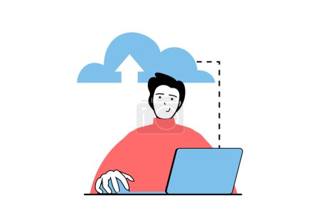Illustration for Cloud computing concept with people scene in flat web design. Man uploading data at cloud storage, processing data and using database. Vector illustration for social media banner, marketing material. - Royalty Free Image