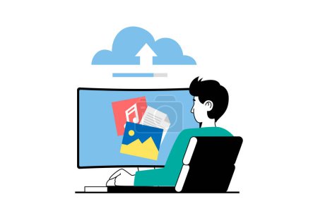 Illustration for Cloud computing concept with people scene in flat web design. Man upload different files and digital content to online storage service. Vector illustration for social media banner, marketing material. - Royalty Free Image
