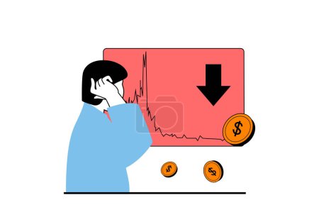 Illustration for Crisis management concept with people scene in flat web design. Upset man analyzes falling economic trend chart and company debts. Vector illustration for social media banner, marketing material. - Royalty Free Image