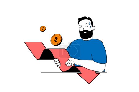 Illustration for Crisis management concept with people scene in flat web design. Man trying holding financial arrow and supporting economic graphs. Vector illustration for social media banner, marketing material. - Royalty Free Image