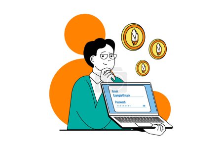 Illustration for Cryptocurrency marketplace concept with people scene in flat web design. Man buying crypto coins and using success financial strategy. Vector illustration for social media banner, marketing material. - Royalty Free Image