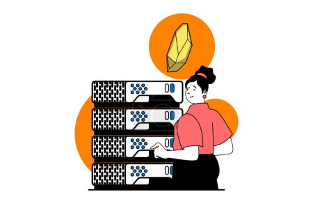 Illustration for Cryptocurrency marketplace concept with people scene in flat web design. Woman mining crypto coins and monitoring server rack farm. Vector illustration for social media banner, marketing material. - Royalty Free Image