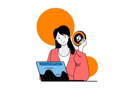 Illustration for Cryptocurrency marketplace concept with people scene in flat web design. Woman analyzing her balance with bitcoins and other coins. Vector illustration for social media banner, marketing material. - Royalty Free Image