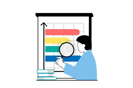 Illustration for Data analysis concept with people scene in flat web design. Man researching graphs and finding solutions for business development. Vector illustration for social media banner, marketing material. - Royalty Free Image