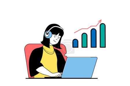 Illustration for Data analysis concept with people scene in flat web design. Woman working at laptop with statistic database and researching graphs. Vector illustration for social media banner, marketing material. - Royalty Free Image