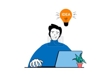 Illustration for Designer agency concept with people scene in flat web design. Man brainstorming and finding solutions and innovations, generates ideas. Vector illustration for social media banner, marketing material. - Royalty Free Image