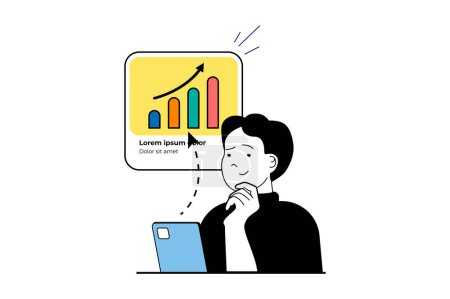Illustration for Digital business concept with people scene in flat web design. Man developing online company and analyzing data statistics and rating. Vector illustration for social media banner, marketing material. - Royalty Free Image