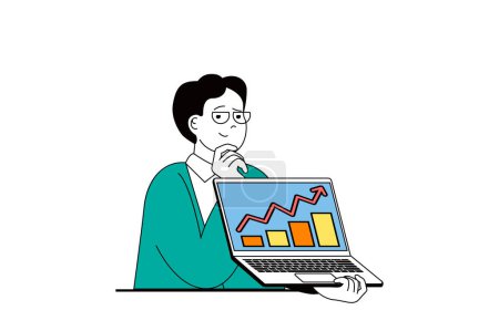 Illustration for Digital business concept with people scene in flat web design. Man analyzing data graphs, working with statistics and marketing tools. Vector illustration for social media banner, marketing material. - Royalty Free Image