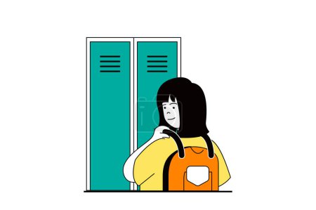 Illustration for Education concept with people scene in flat web design. Student with backpack standing by locker and preparing to lessons or exams. Vector illustration for social media banner, marketing material. - Royalty Free Image