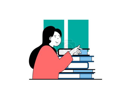 Illustration for Education concept with people scene in flat web design. Young girl student going to library and getting stack of books for study. Vector illustration for social media banner, marketing material. - Royalty Free Image
