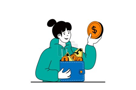 Illustration for Finance concept with people scene in flat web design. Woman calculating financial budget, saving money in cash and coins in wallet. Vector illustration for social media banner, marketing material. - Royalty Free Image