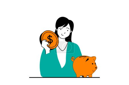 Illustration for Finance concept with people scene in flat web design. Woman putting her saving money in piggy bank, planning investment and deposit. Vector illustration for social media banner, marketing material. - Royalty Free Image