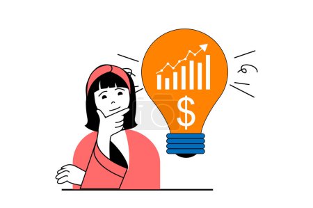 Illustration for Finance concept with people scene in flat web design. Woman brainstorming and thinking of financial strategy for increase profit chart. Vector illustration for social media banner, marketing material. - Royalty Free Image