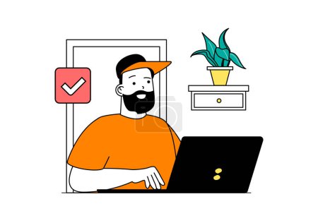 Illustration for Freelance concept with people scene in flat web design. Man working at laptop at home, finishing job tasks and earning money distantly. Vector illustration for social media banner, marketing material. - Royalty Free Image