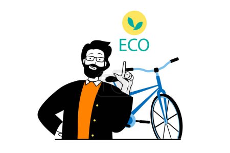 Ilustración de Concepto de energía verde con escena de personas en diseño web plano. Hombre que usa bicicleta como transporte urbano ecológico, protegiendo la naturaleza. Ilustración vectorial para banner de redes sociales, material de marketing. - Imagen libre de derechos