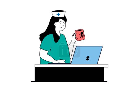 Illustration for Medical service concept with people scene in flat web design. Woman works as receptionist and nurse at reception in clinic or hospital. Vector illustration for social media banner, marketing material. - Royalty Free Image