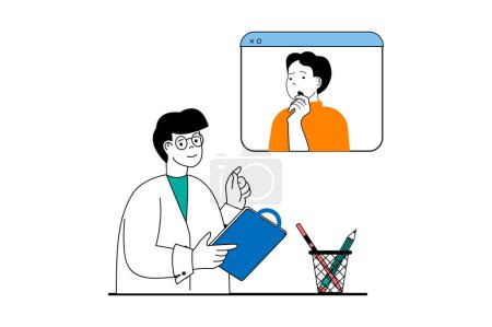 Illustration for Medical service concept with people scene in flat web design. Doctor consulting and making prescriptions to patient by video calling. Vector illustration for social media banner, marketing material. - Royalty Free Image