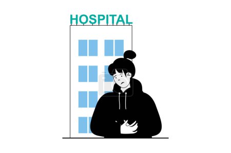 Illustration for Medical service concept with people scene in flat web design. Sick woman with symptoms of disease goes to hospital for therapy. Vector illustration for social media banner, marketing material. - Royalty Free Image