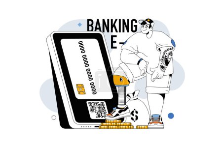 Illustration for Online banking concept with people scene in flat line design for web. Man makes online transaction with e-wallet or credit card in app. Vector illustration for social media banner, marketing material. - Royalty Free Image