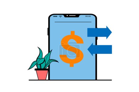 Photo for Mobile banking concept with people scene in flat web design. Financial transactions in app, money transfer and currency exchange. Vector illustration for social media banner, marketing material. - Royalty Free Image