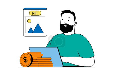 Illustration for NFT token concept with people scene in flat web design. Man buys digital artwork with unique non fungible token at virtual marketplace. Vector illustration for social media banner, marketing material. - Royalty Free Image