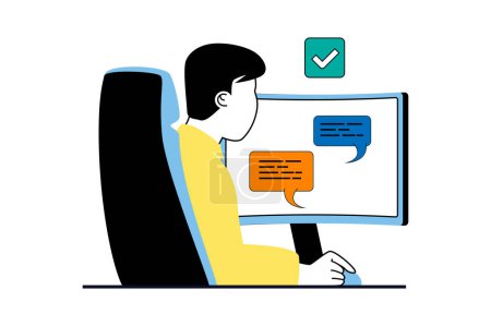 Illustration for Productivity workplace concept with people scene in flat web design. Man chatting with colleagues, discussing tasks and briefing. Vector illustration for social media banner, marketing material. - Royalty Free Image